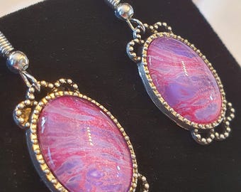 Rose Lavender Shimmer Earrings, Wearable Art Piece, Rose Lavender with Shimmer, Antique Silvertone Setting