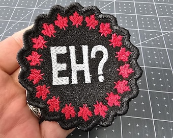 Eh? Canadian Iron-On Patch, Red Maple Leaves, Embroidered Patch