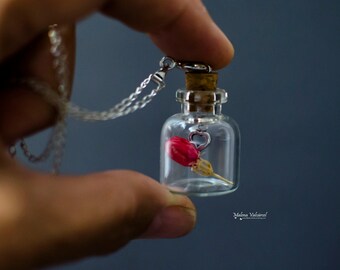 Real Dried Poppy Flower with Tiny Key inside a bottle necklace - Vial Pendant