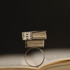 Ring Stack of Books - Miniature Books - Paper Art - Paper Anniversary - Literary Gift - Tiny Fashion - Artisan Creation