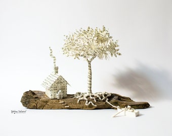 Miniature Paper House with Paper Tree and little boat on DriftWood - Paper Art - Mixed Media - Driftwood Art - Mixed Media