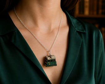 Handmade Miniature Book Stack Pendant Necklace, Literary Key Charm, Silver-Plated Chain