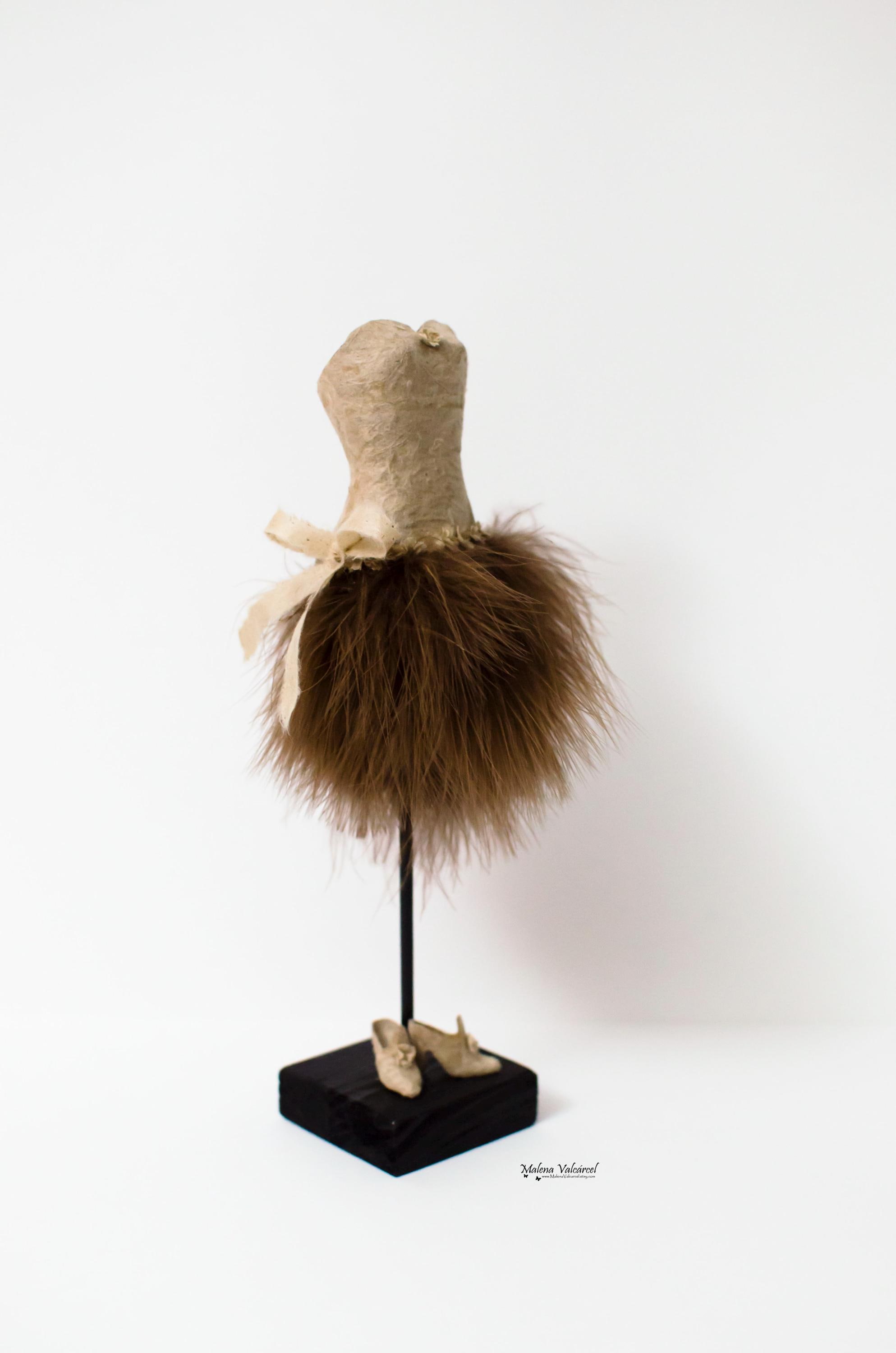 ON SALE - Paper Mannequin - Miniature Paper Art - Paper Dress with feather skirt - Miniature Paper Shoes - Art with Paper