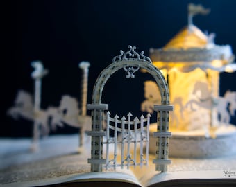 Entrance To A Magic World - Miniature Carousel with Running Horses - Merry Go Round - Book Arts - Book Sculpture - Paper Art