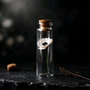 May include: A clear glass vial with a cork stopper containing a single white flower with a dark center and a thin green stem. The flower is positioned upright inside the transparent cylindrical container, showcasing a delicate and simple botanical design.
