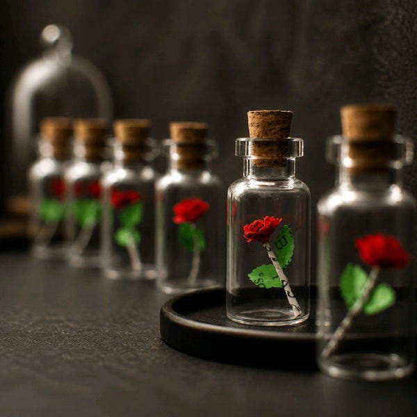 Miniature Rose in Bottle, Tiny Romantic Gift, Handmade Flower Vial, Valentine's Day Gift, Miniature Art