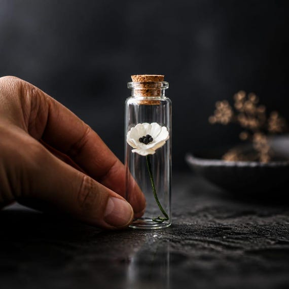Miniature Paper Poppy Flower in Glass Vial - Real Botanical Art, Paper Sculpture, Unique Gift