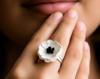 Poppy Ring, Handmade Floral Statement Ring, Adjustable Silver Plated Band, Botanical Jewelry Gift