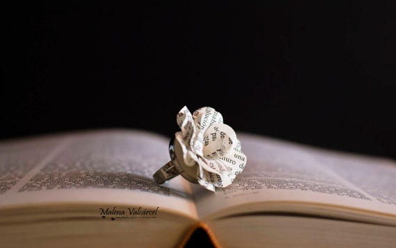 Paper Rose Ring, Adjustable Silver Plated Band, Paper Jewelry