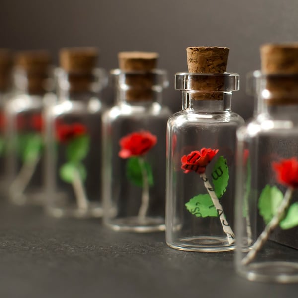 Tiny Paper Rose in a bottle - Vial with miniature rose - Valentines Day - Paper Anniversary - Paper Art - Paper Rose - Chic Miniatures