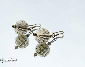 Handmade Book Paper Earrings - Bronze Tone, Book Lover Gift
