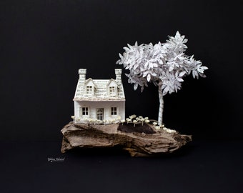 Tiny Paper House with Paper Tree on Olive Wood - Paper Art - Mixed Media