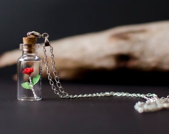 Tiny Paper Rose in a bottle necklace - Vial Pendant - Handmade gift