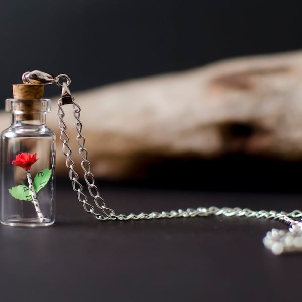 Tiny Paper Rose in a bottle necklace - Vial Pendant - Handmade gift