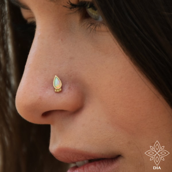 White opal nose stud 14k solid GOLD Nose stud Silver Drop Nose Indian Nose Stud Helix stud nose stud 18g Piercing Nose screw Tribal Jewelry