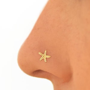 14K Solid Gold Starfish Nose Stud, Gold Starfish Nose Stud, Ocean Inspired Piercing Jewelry, L Shape, Screw Shape, or Bone End, Handcrafted