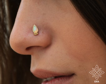 White Opal 14k Gold Nose Stud, Sterling Silver, Indian Tribal