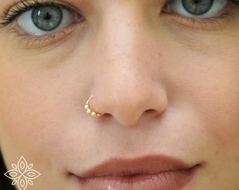 Nose ring, Solid 14k Gold nose earring hoop, Seamless nose ring,Beaded gold nose ring, Thin nose hoop, Cartilage earring, Gold Helix hoop