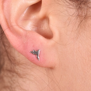 Little bird studs in 14ct Yellow Rose gold Small stud earrings Birds in Flight  Asymmetrical Earrings Sparrow Earrings Girls Stud Earrings
