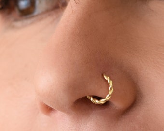 Gold Nose Ring, 14k Gold Nose Hoop, Braided Nose Hoop, Solid 14K Gold Nose Hoop