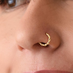 Gold Nose Ring, 14k Gold Nose Hoop, Braided Nose Hoop, Solid 14K Gold Nose Hoop