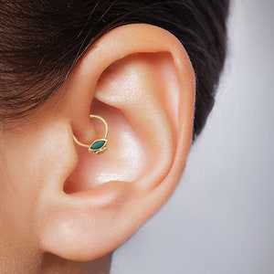 Helix Earring Hoop Real Gold Yellow Rose Turquoise Helix 14k Gold Solid Helix Hoop with Turquoise Eye Helix Ring Cartilage Hoop