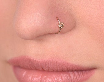 Tiny Flower 14k Gold Nose Ring Stud Rose or Yellow Solid Gold Nose Hoop