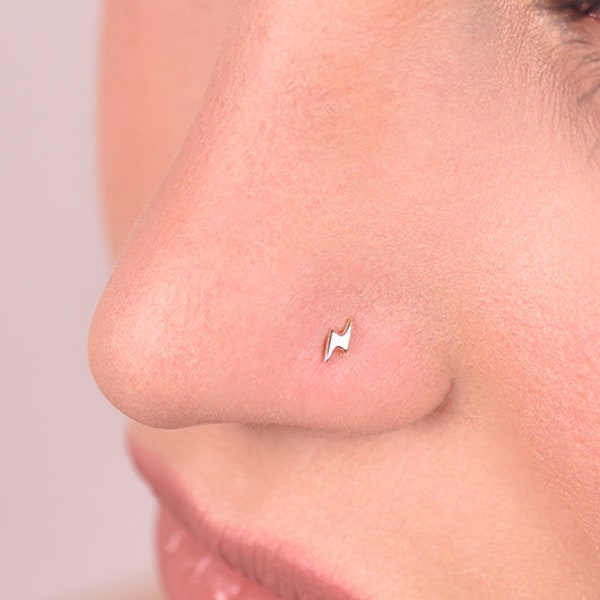 Tiny Mini Flash Lightning Nose stud, 14k gold nose screw, Barely There Nose Pin, Solid Gold Nose Jewelry