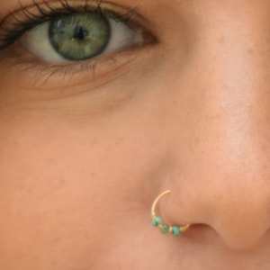 Turquoise Nose Ring, 14k Solid Gold Hoop Earring, Cartilage Ring, Tragus Piercing Hoop, Thin Turquoise Hoop, Dainty Gold Piercing