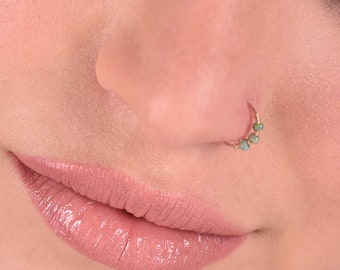 Turquoise Nose Ring, nose hoop, thin nose ring, Solid gold nose ring, Snug nose ring, 14k gold real nose ring