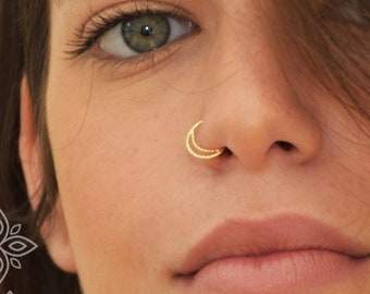 14k Solid Gold Moon Nose Ring, Handmade Hoop