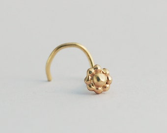 14k Solid Gold Flower Nose Stud, Handmade Piercing