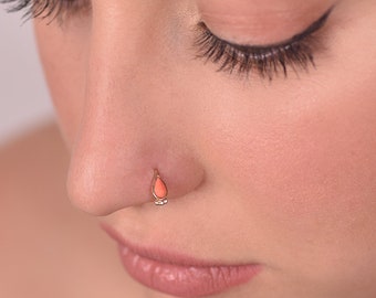 Unique Nose Ring, 14k Gold Nose ring, Indian Nose Ring, Tribal Nose Ring, Coral Nose Ring, Nose Jewelry, Tribal Piercing, Cartilage, Tragus