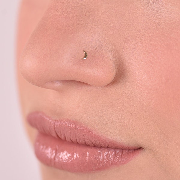 Tiny Nose Stud 14k Gold Solid Nose Screw Moon Nose Ring Earrings Helix Cartilage  Minimalist Nostril Jewelry Barely There
