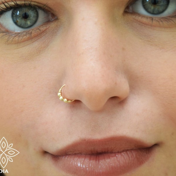 Nose ring, Solid 14k Gold nose earring hoop, Seamless nose ring,Beaded gold nose ring, Thin nose hoop, Cartilage earring, Gold Helix hoop