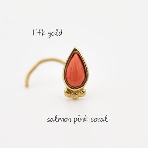 Coral Nose Stud, Solid 14k Gold Nose Stud, Indian Nose Stud, Solid Gold Nose Stud Nose Ring, Pearl Stud Coral Drop Nose Screw Boho Tribal