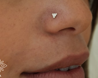 Puede incluir: Primer plano de la nariz de una persona con un pequeño anillo de nariz plateado con un grupo de tres pequeñas piedras transparentes en forma de triángulo.