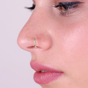 Opal nose hoop earring, 14k GOLD nose ring, Tragus, Helix hoop earring, Tiny Cartilage hoop earring, Green Opal Nose ring