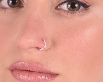 Moon Nose Ring, Silver huggie Nose Ring, Double Hoop Nose Ring, Moon Nose Ring, 20g Thin Nose Hoop, Real Nose Ring Hoop, Cartilage Earring