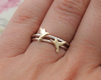Stacking Rings SET of 2 rings Solid Gold + Silver Flying Bird Ring Dainty Gold Ring Delicate Skinny Ring Tiny Ring Simple Gift for women