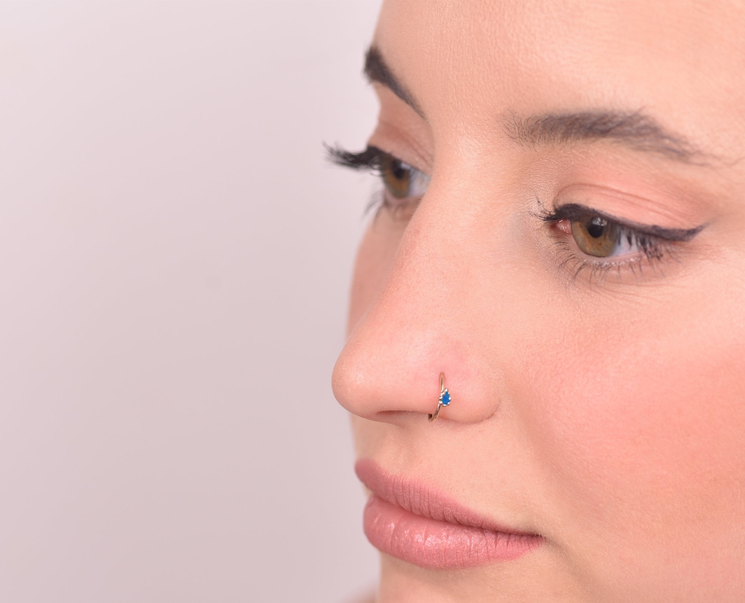 Blue Nose Stud, Turquoise Nose Piercing, 14k Gold Nose Ring, Indian
