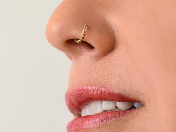 14K Solid Gold CZ Beaded Double Row Nose Ring - 20G