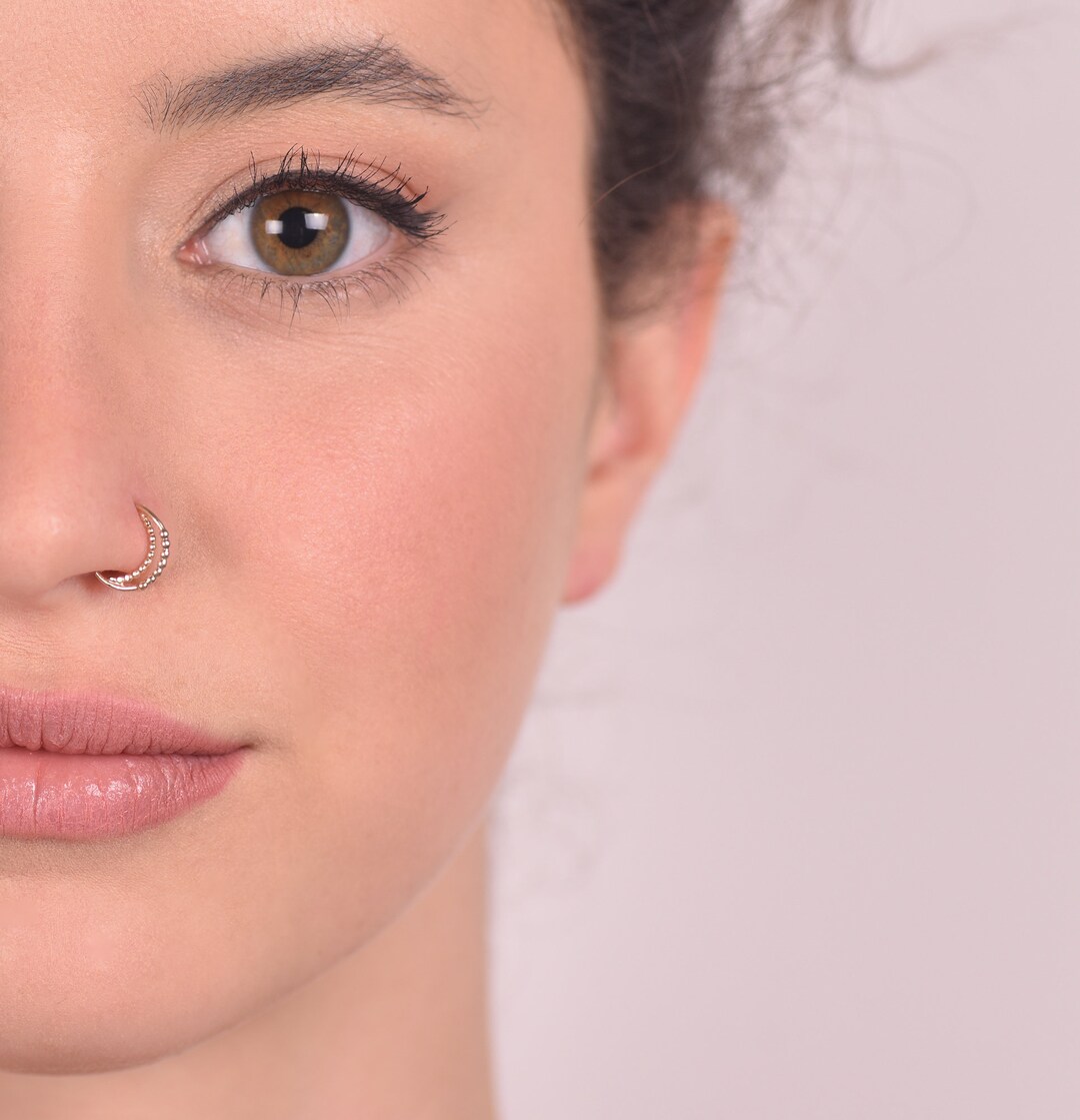Double Nose Ring, Moon Piercing, Moon Nose Ring, 14k Gold Hoop, Boho ...