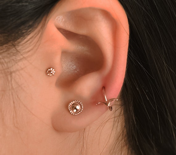 14K REAL Solid Gold CZ White Daisy Flower Earring Push Back Tragus Stud Piercing 