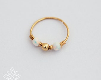 Extra thin nose ring, SOLID GOLD thin hoop ring, Helix hoop earring, Hex, Cartilage hoop, Opal Nose ring hoop, 24 gauge cartilage ring