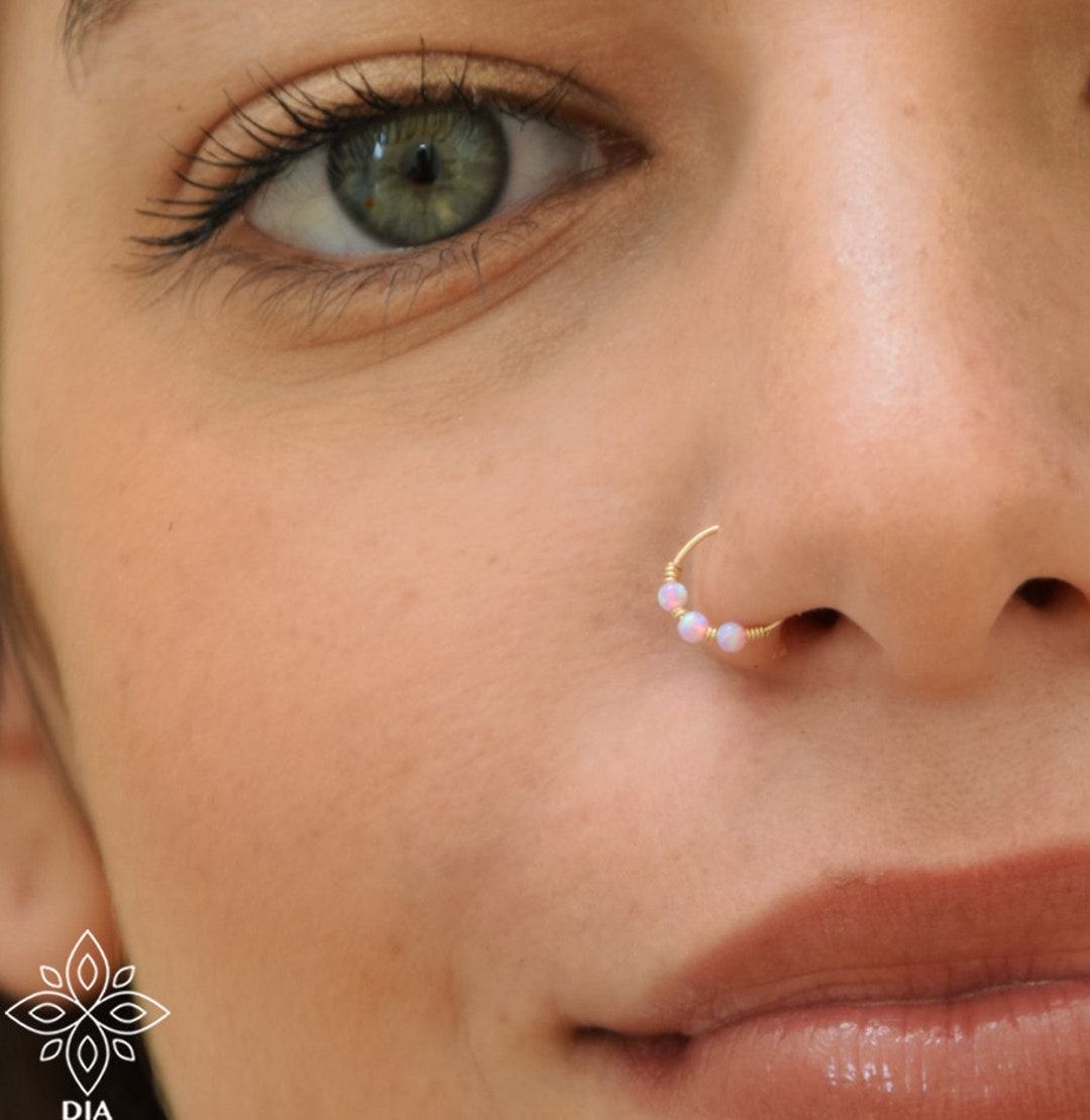 Nose Ring SOLID GOLD Nose Hoop Opal Piercing Blue Opal Nose Hoop White Opal Nose Ring Cartilage Opal Hoop nose Ring Opal Helix Opal Etsy