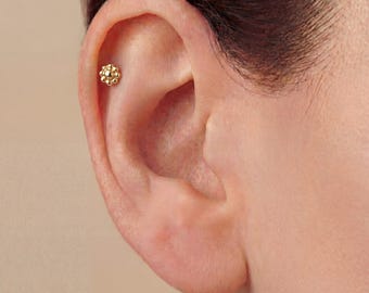 Gold Flat Back Earring, 14k Gold Screw End Studs, Tiny Flower Helix Stud, Nose Jewelry, Cartilage, Tragus