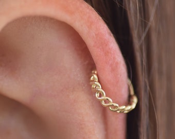 Solid 14K Gold Cartilage Hoop, Tiny Gold Cartilage Earring, Dainty Helix Hoop Earring, Thin 14K Gold Hoop, Twist Hoop Earring