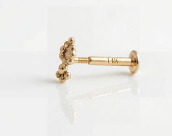 14k Solid Gold Tragus Earring, Internally Threaded Flat Back Labret