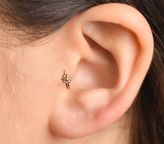 14K Solid Gold Tragus Tiny Flower Hoop Tragus Helix Cartilage Etsy